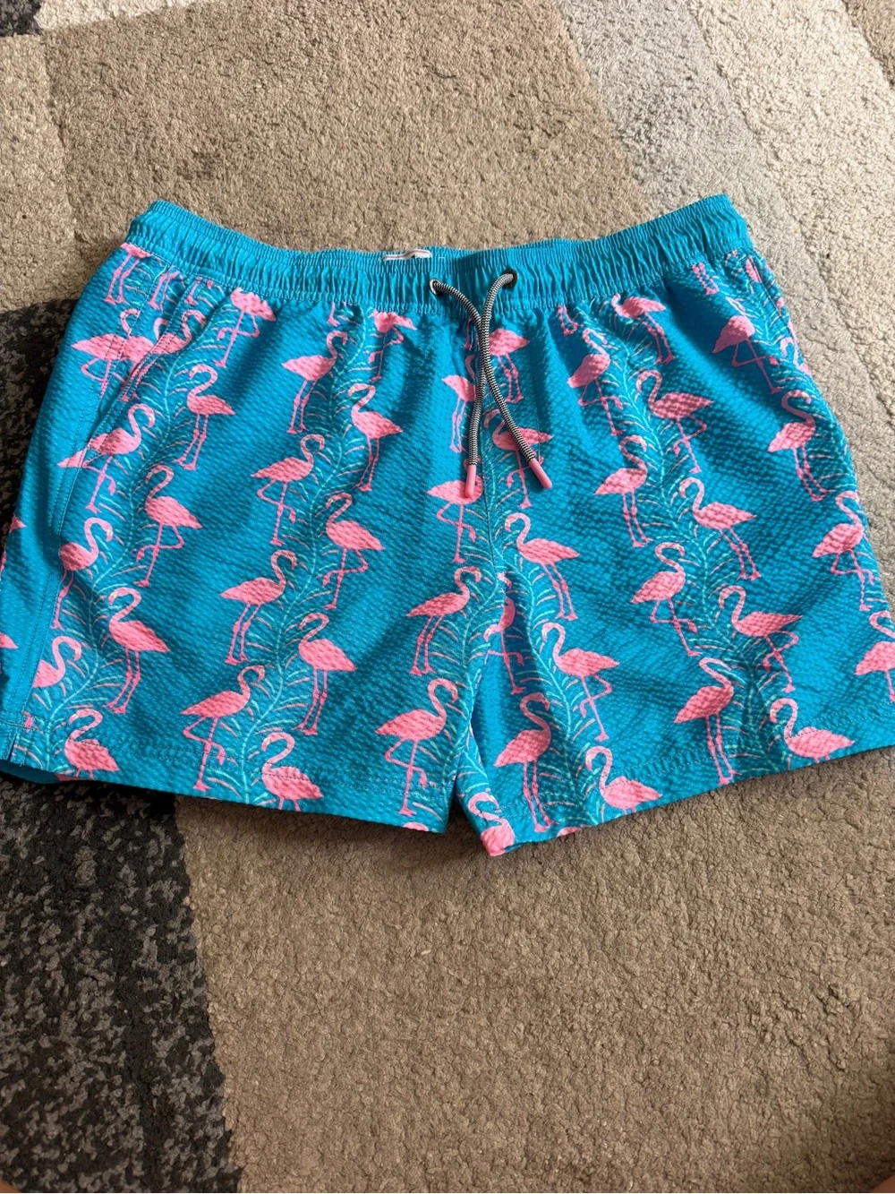 Party Pants Men’s Turquoise Flamingo Print Drawstring Shorts- XL